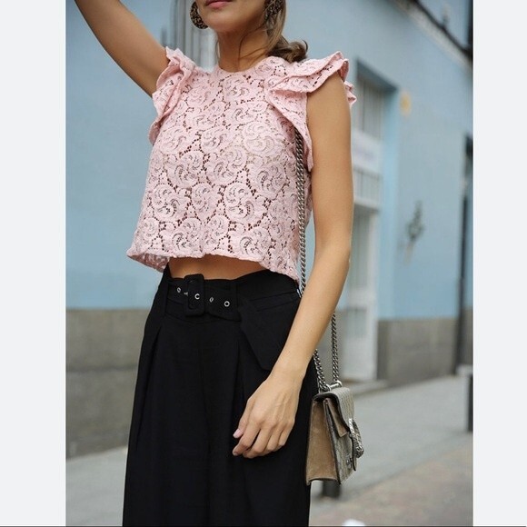 ZARA Guipure Lace Top Pink- Ruffle Sleeveless- Size Small- Great Condition!!! - Picture 1 of 5